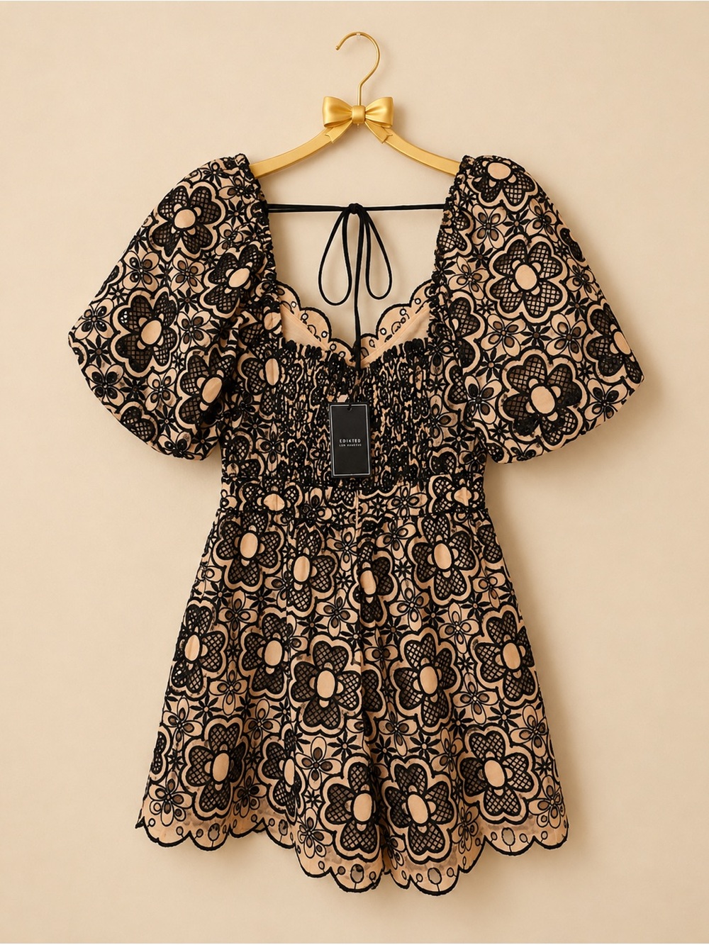 Luxe Los Angeles Beige and Black Lace-Trim Dress